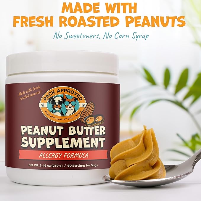 Pack Approved Dog Peanut Butter - Aids Dog Itching Skin Relief & Allergy Support with Colostrum - Contains Probiotics for Dogs Allergies and Itchy Skin - Allergy (239g)