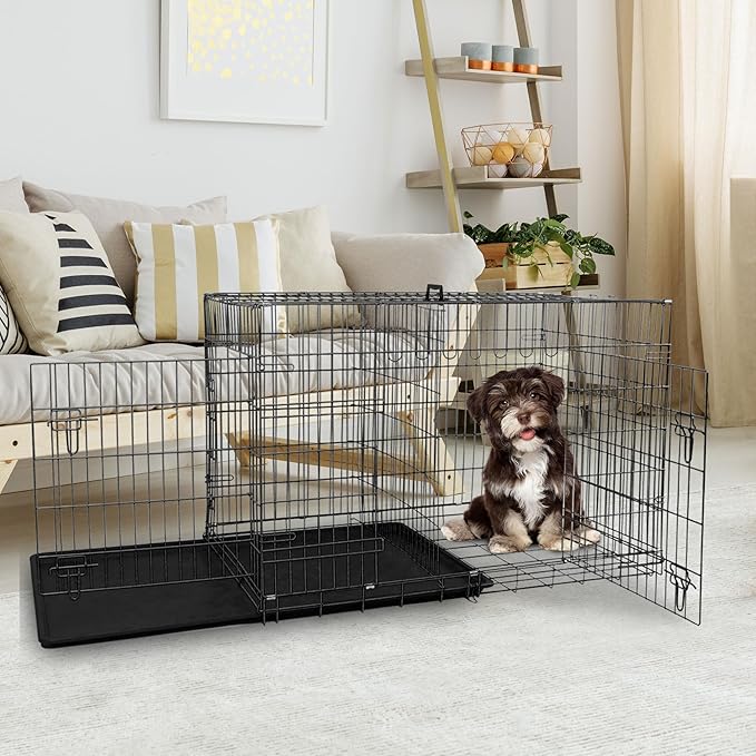 Dog Crate, 24/30/36/42/48 Inch Dog Crates for Small Medium Large Dogs Indoor, Folding Metal Dog Kennel Dog Cage with Double-Door, Divider Panel, Removable Tray, Locks and Handle, (24 Inch, Black)
