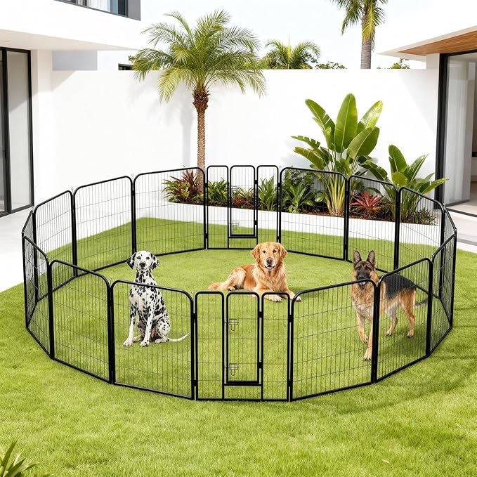 FDW Dog Playpen Dog Pen 16 Panels 40 Inch Hight Indoor Outdoor Folding Metal Portable Puppy Exercise Pen Heavy Duty Dog Fence for Yard Camping,Black