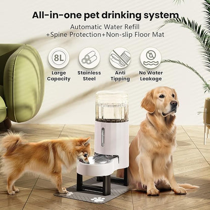 CZPET Elevated Dog Water Bowl Dispenser 8L with Mat for Large Dogs,Tall Raised Pet Waterer Stand,Relieve Neck Pressure,Large Capacity and Drinking Area Noise-Free for Pets (8L+Stand+Mat,White)