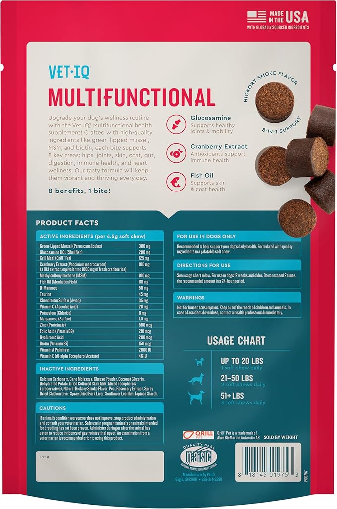 VetIQ 8-in-One Multifunctional Supplement for Dogs, Supports Hip & Joint, Urinary Tract, Immune System, Skin Health and Heart Health, Soft Chews, Made in The USA, (Pack of 120)