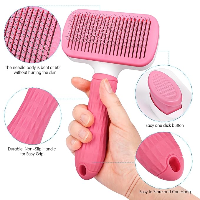 Dog & Cat Brush Kit 2PCS, Self Cleaning Slicker Brush for Pets, Upgraded Dog Brush for Shedding Massaging and Grooming, Removes Loose Undercoat & Portable Comb for Long Short Haired Dogs(Pink)