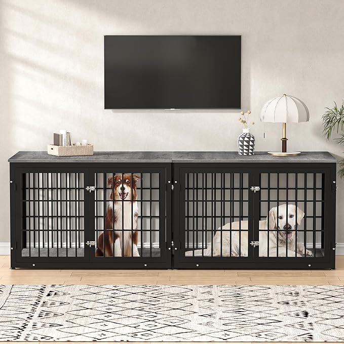 rehomerance 48 Inch Heavy Duty Dog Crate Furniture for Large Dogs, Decorative Pet House End Table, Extra Large Wooden Cage Kennel Furniture Indoor, Black and Gray