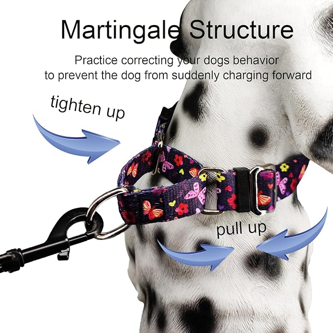 Martingale Collar with Buckle Purple Nylon Adjustable Cute Girl Female Dog Collars (Butterfly Floral, Large)
