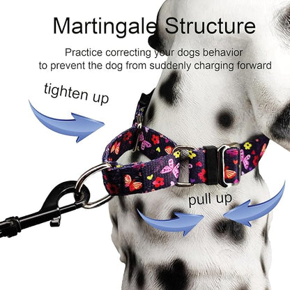 Martingale Collar with Buckle Purple Nylon Adjustable Cute Girl Female Dog Collars (Butterfly Floral, Medium)