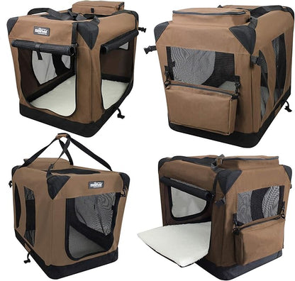 EliteField 3-Door Folding Soft Dog Crate with Carrying Bag and Fleece Bed (2 Year Warranty), Indoor & Outdoor Pet Home (24" L x 18" W x 21" H, Brown)
