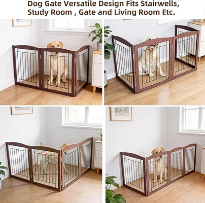 ZJSF Freestanding Foldable Dog Gate for House Extra Wide Wooden Brown Puppy Gate Stairs Dog Gates Doorways Tall Pet Gate 24 "Height 3 Panels Pet Fence