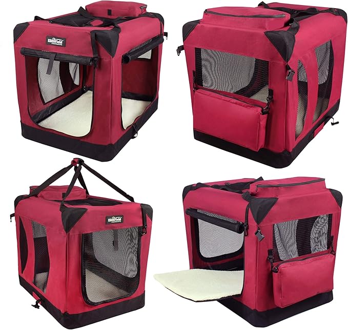 EliteField 3-Door Folding Soft Dog Crate with Carrying Bag and Fleece Bed (2 Year Warranty), Indoor & Outdoor Pet Home (30" L x 21" W x 24" H, Maroon)