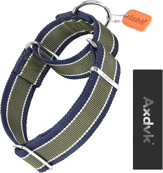 Martingale Collar 1.5 Inch Wide 1600D Extra Strong Anti Escape Nylon Dog Collar, No Pull Heavy Duty Dog Collar with 3-Color Stripe for Large to XLarge Dogs (L, Army Green & Gray)