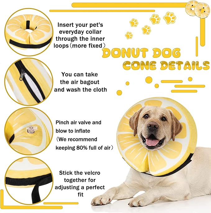 Inflatable Dog Cone Collar for Large Medium Small Dogs, Soft Adjustable Recovery Cone for Dogs Cats,Dog Neck Donut Alternative After Surgery(Lemon,Large