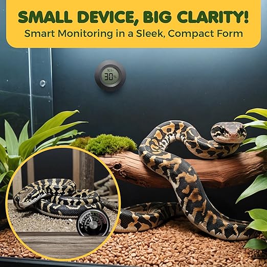 SunGrow Reptile Thermometer with Hygrometer with Digital Display, Accurate Temperature, Humidity Gauge for Snake and Lizard Tanks, Round Clear LCD, Black, 1.8”x1.8”x0.6”