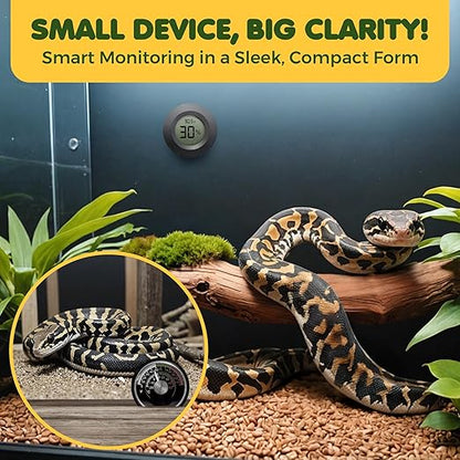 SunGrow Reptile Thermometer with Hygrometer with Digital Display, Accurate Temperature, Humidity Gauge for Snake and Lizard Tanks, Round Clear LCD, Black, 1.8”x1.8”x0.6”