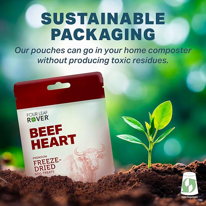 FOUR LEAF ROVER Beef Heart Dog Treats - Grass Finished New Zealand Beef Heart - Raw Freeze Dried Single Ingredient, No Additives - Made in USA - 4 Oz Bag