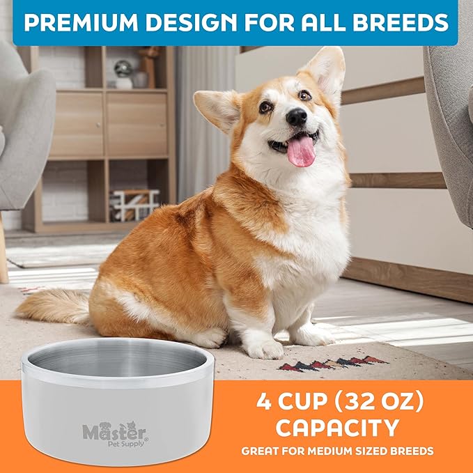 Master Pet Supply Stainless Steel Dog Bowls - 32 oz, Heavy Duty - Bone White, Double Wall Extra-Thick Insulated, Non-Slip Pet Water Bowl for Dogs, Cats & Pets, Anti Rust Metal, Dish Washer Safe