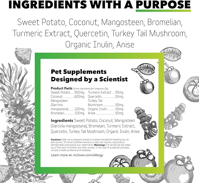 InClover Natural Dog and Cat Allergy Relief Supplement with Turmeric, Mangosteen, and Bromelain - for Pets with Seasonal or Environmental Allergies. Supports Immunity and Maintains Histamine Levels