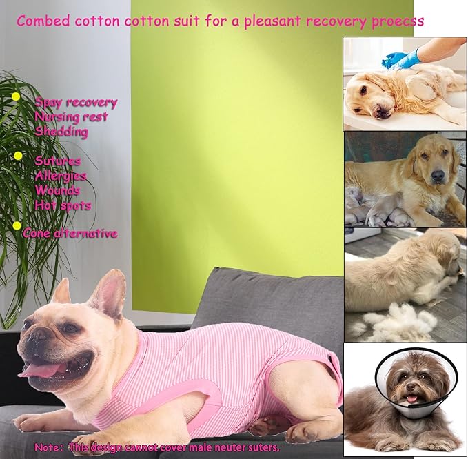 Dog Recovery Suit Pink Female Spay Surgical Large Shirt, Male Surgery Recovery Suit,Pink-White Striped XXL