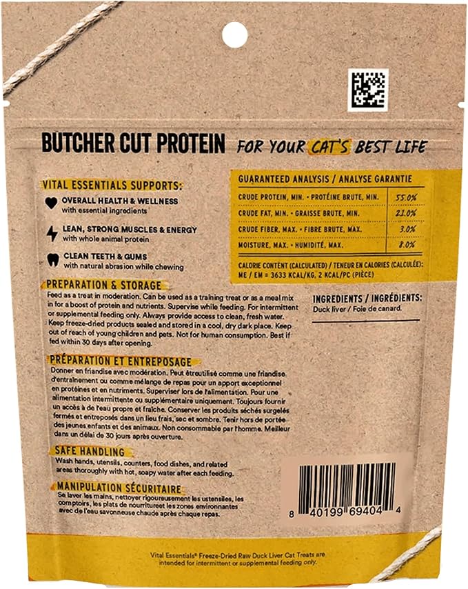 Vital Essentials Freeze Dried Cat Treats | Duck Liver, Single Ingredient | Premium Quality | Grain Free, Healthy Treats for Cats, 0.9 oz Bag