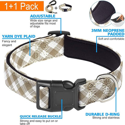 Ladoogo Reflective Dog Collar Padded with Soft Neoprene Breathable Adjustable Nylon Dog Collars for Small Medium Large Dogs (Small (Pack of 1), Vanilla Plaid Collar+Leash)
