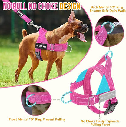 SlowTon No Pull Dog Harness - Heavy Duty Dog Harness and Leash Set for Medium Large Dogs, Reflective Tactical Harness with Soft Padded and Front Clip for Easy Walk and Training (Fuchsia L)