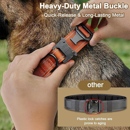 KCUCOP Tactical Dog Collar for Medium & Large Dogs - Military Nylon Heavy Duty Collar with Handle, Reflective Strip & Metal Buckle for Training, Outdoor (Orange Reflective, Medium)