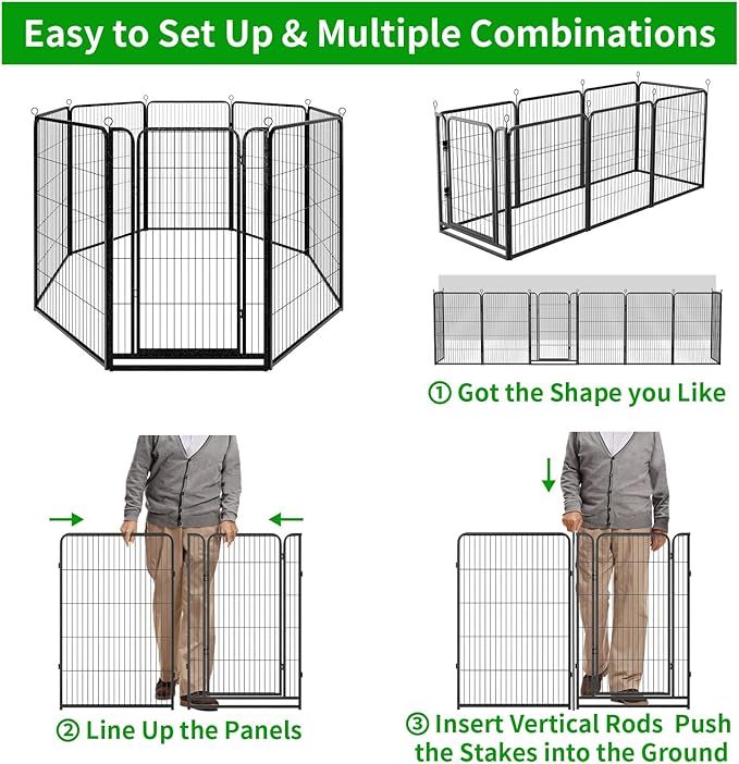 Kfvigoho Dog Playpen Outdoor Extra Wide 8 Piece Panels Heavy Duty Dog Fence 47" Height Anti-Rust with Doors Portable for RV Camping Yard, Total 21FT, 35 Sq.ft, Snowy Black