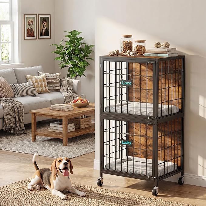 MAHANCRIS Dog Crate Furniture for 2 Dogs, 48.8" Tall Double Dog Kennel Furniture for Small Medium Dogs, 2-Tier Dog Cage End Table with Name Tags & Wheels, Decorative Dog House, Rustic Brown DCHR5401