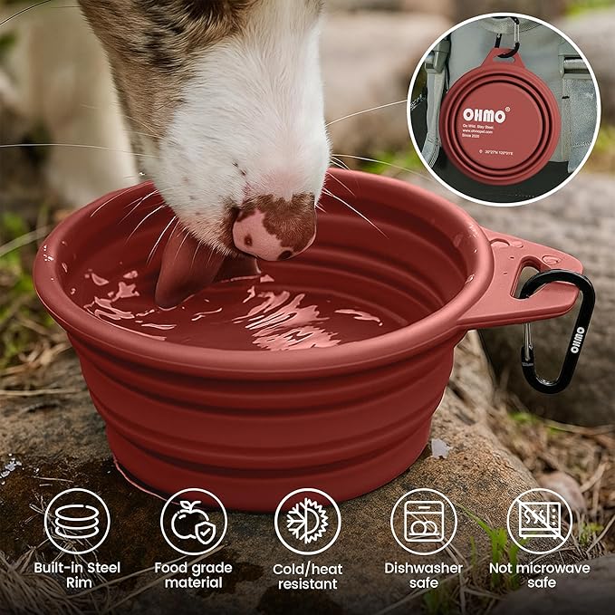 OHMO Collapsible Dog Water Bowls w/Built-in Stainless Steel Ring – 2pcs Large 27oz/800ml Portable Silicone Pet Feeding Bowl for Hiking, Camping, Travel