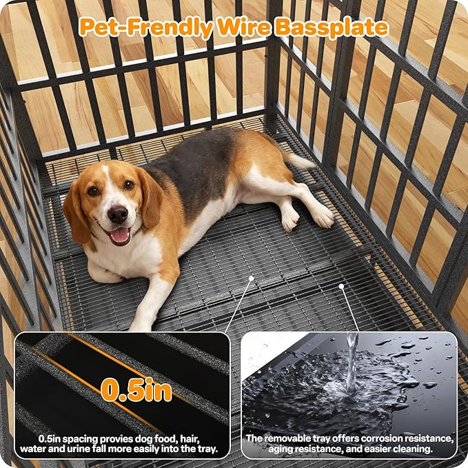 Hiwokk 42 Inch Heavy Duty Dog Crate, Indestructible Escape-Proof Dog Kennel for High Anxiety Large Dogs, Strong Metal Pet Cage with Double Doors, Lockable Wheels & Removable Tray, XL XXL XXXL