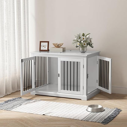 PUPETPO Furniture Style Dog Crate with Cushion, Dog Kennel Medium, Pet Crates, Dog Cage for Small and Medium Dogs, Decorative Dog Kennel with Flip-top Plate, Chew-Proof Metal Bars, White