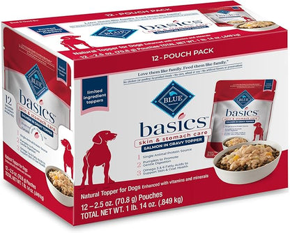 Blue Buffalo Basics Skin & Stomach Care Natural Wet Dog Food Topper, Salmon in Gravy 2.5oz Pouch (12 Pack)