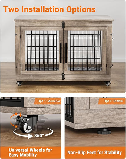 Dog Crate Furniture with Cushion Set of 2, Large Wooden Dog Kennel Indoor with Double Doors, Dog Cage with Wheels, Dog House Side End Table for Large Medium Dogs up to 70 lb, 38.5” L, Grey