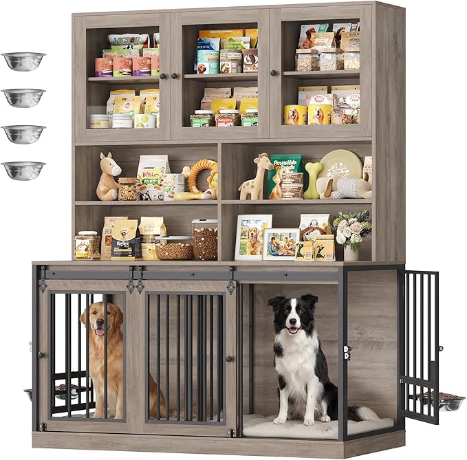 HOSTACK 71" Tall Dog Crate Furniture, 55" W Dog Kennel with Storage Hutch, XL Dog Crate for Dogs with Feeding Bowls, Indoor Heavy Duty Dog Cage with Removable Room Divider, Wooden Pet House, Ash Grey