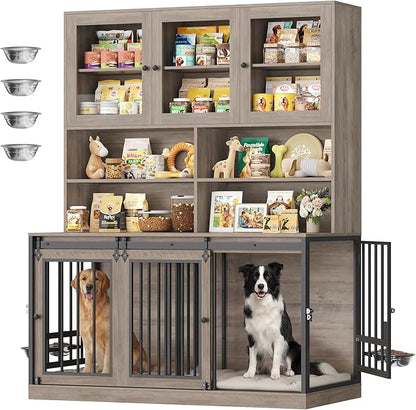 HOSTACK 71" Tall Dog Crate Furniture, 55" W Dog Kennel with Storage Hutch, XL Dog Crate for Dogs with Feeding Bowls, Indoor Heavy Duty Dog Cage with Removable Room Divider, Wooden Pet House, Ash Grey