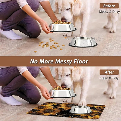 Sunflower Vintage Pet Feeding Mat,Absorbent Quick-Dry Cat Dog Food and Water Bowl Mats, Non-Slip Rubber Backing Mat,Cat Dog Accessories Supplies 12"x20"