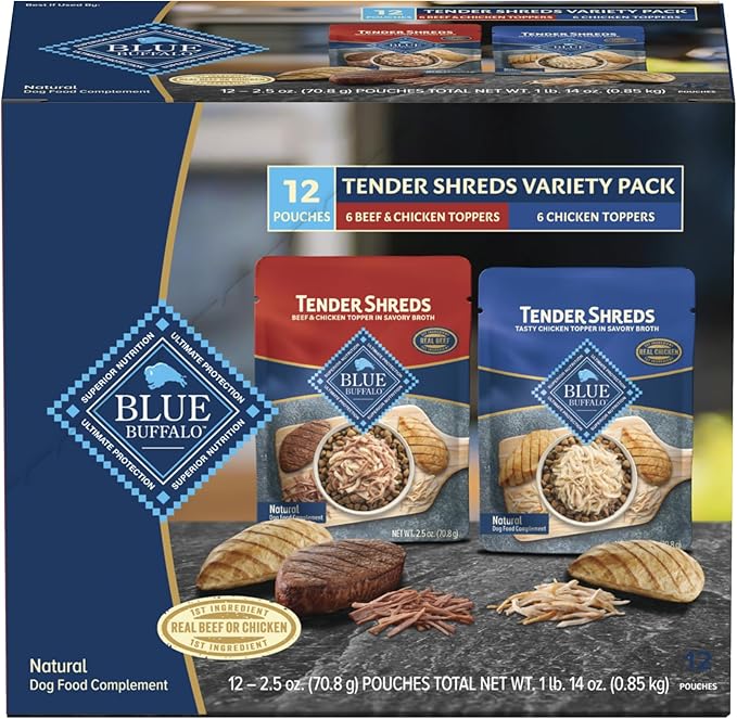 Blue Buffalo Tender Shreds Tasty Chicken Topper and Beef & Chicken Topper Natural Dog Food Complement, 2.5-oz. Pouch, 12-Count Variety Pack