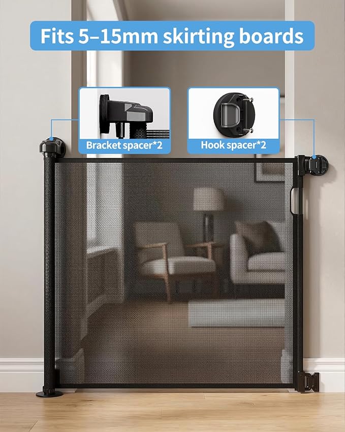 Veraste (2 Pack) Retractable Baby Gate for Doorways and Stairs, Mesh Safety Gate for Pet, Indoor & Outdoor Use, One-Hand Operation, Easy Installation, 33.6" Tall, Expands to 55" Wide（Black,33.6"x55"