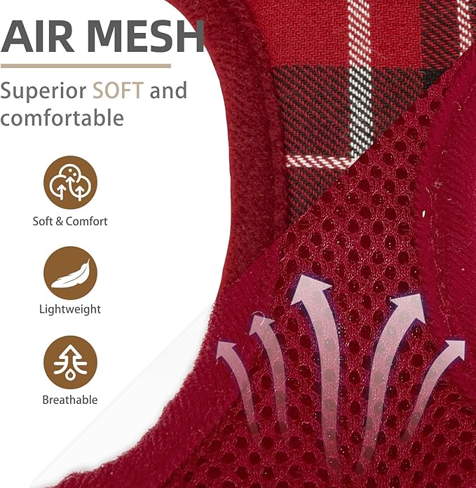 PUPTECK Soft Mesh Dog Harness and Leash Set Step-in Plaid Puppy Padded No Pull Vest Harness for XS Small Medium Sized Dogs Cats Outdoor Walking, Red M