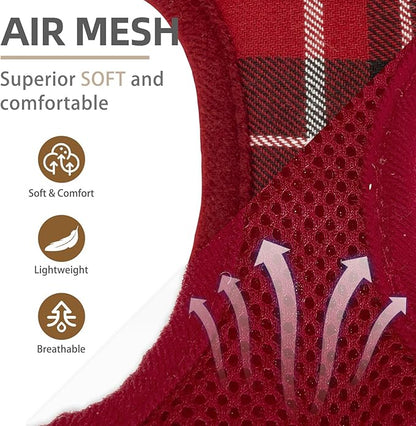 PUPTECK Soft Mesh Dog Harness and Leash Set Step-in Plaid Puppy Padded No Pull Vest Harness for XS Small Medium Sized Dogs Cats Outdoor Walking, Red S