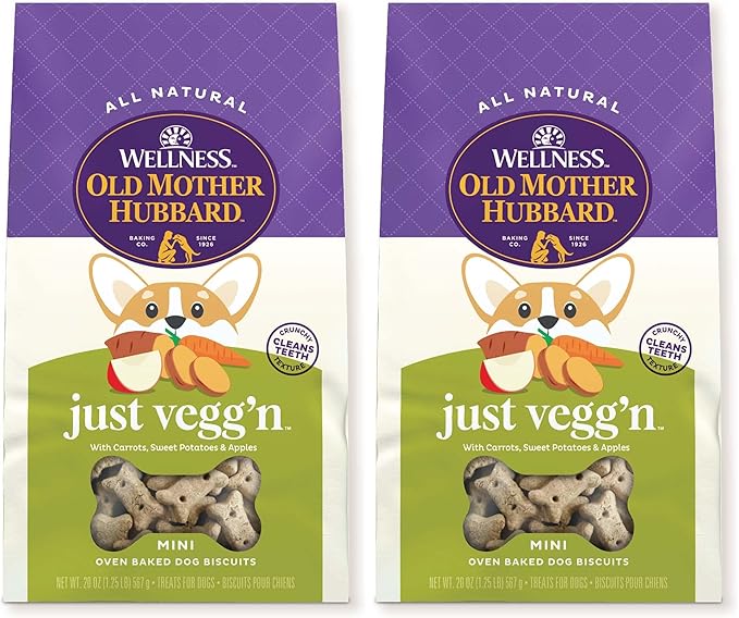 Old Mother Hubbard Wellness Just Vegg'n Dog Biscuits, Natural, Training Treats, Sweat Potato, Oats, Apples & Carrots Flavor, Mini Size, (20 Ounce Bag) (Pack of 2)
