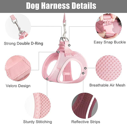 PetiFine Extra Small Step in Dog Harness and Leash Set, Cat Harness and Leash Escape Proof, All Weather Mesh Reflective, Step-in Air Vest Harnesses for Puppy(XXXS, Pink)