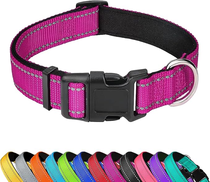 Reflective Dog Collar, Adjustable Soft Neoprene Padded Nylon Pet Collars with Buckle for Extra Large Dogs, Rose Red,XL