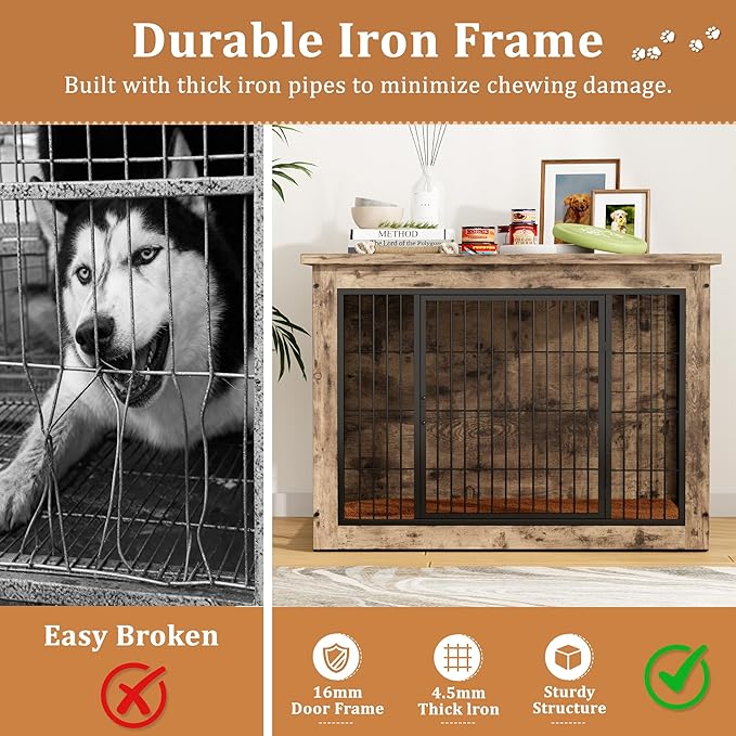 Greesum Modern Dog Crate Furniture That Doubles as a Side Table - Sturdy Wooden Kennel with Double Door Design, Equipped with Soft Cushion & Chew-Resistant Resign, Suitable for Dogs