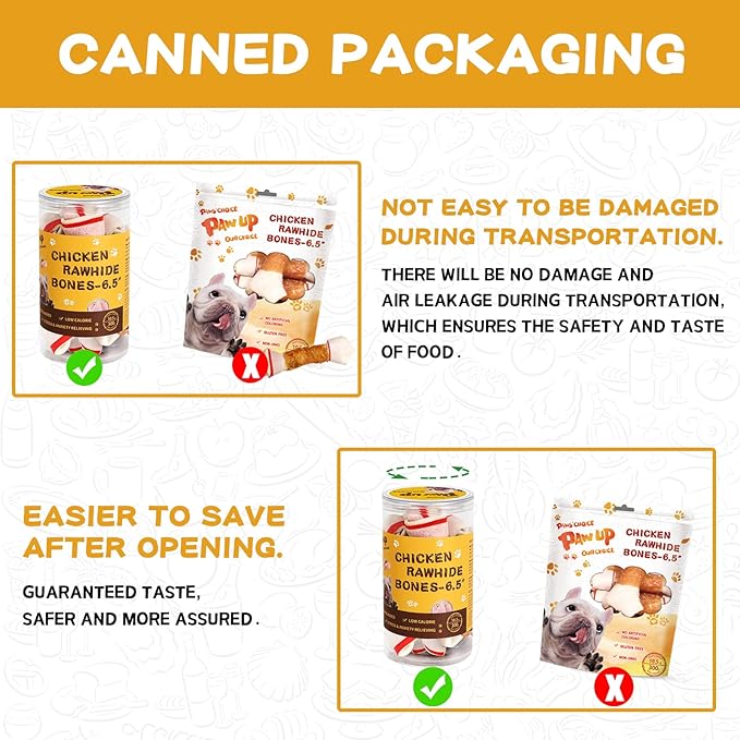 PAWUP Dog Treat Rawhide Bones with Chicken (6.5 ", 4 pcs), Dog Chews Beefhide Treats w/Taurine, 10.5 oz