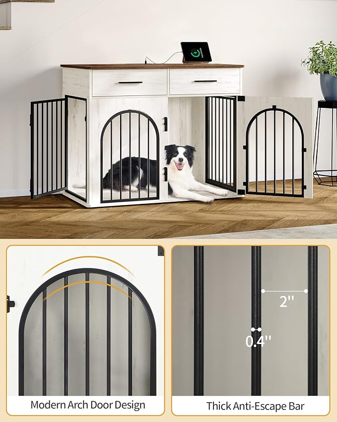 Hzuaneri 39.4'' Large Dog Crate Furniture with 2 Storage Drawers, Heavy Duty Dog Kennel Indoor with Charging Station, Wooden Dog Cage End Table Kennel for Medium/Large Dogs, White Brown DFC84214B