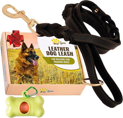 ADITYNA - Double Handle Leather Dog Leash 6ft - Heavy Duty Braided Dog Leash with Traffic Handle - Lead for Training and Walking Medium Large Breeds (Black, Two Handles 6 Foot x 3/4")
