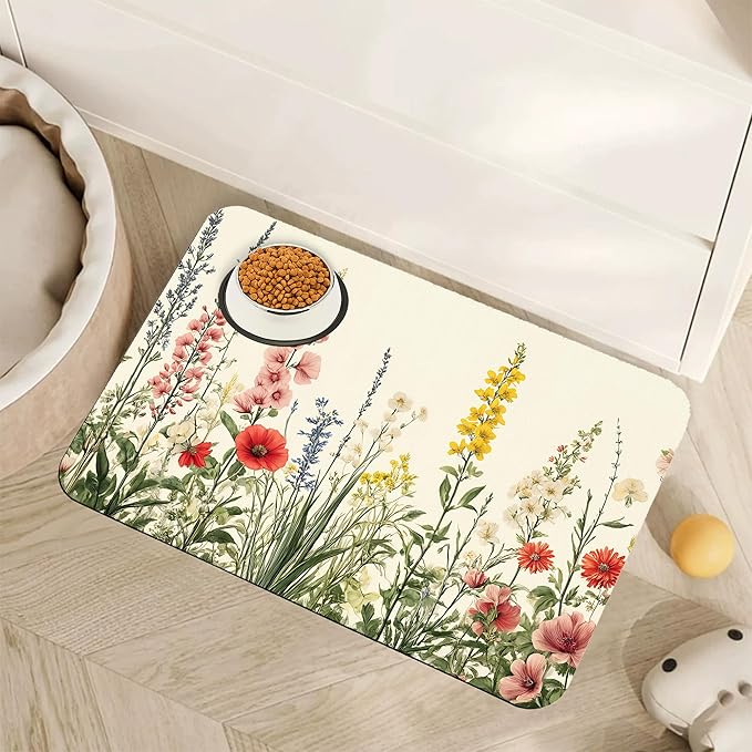 Vintage Flower Botanical Garden Dog Cat Food Mat,Absorbent Pet Feeding Mat for Food and Water,Non-Slip Dog Bowl Mats Floor Protector 16"x24"