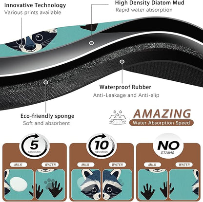 Cute Raccoon Dog Food Mat for Floors,Absorbent Pet Food and Water Bowl Mats,Non-Slip Pet Feeding Mat,Pet Supplies 12" x 20"