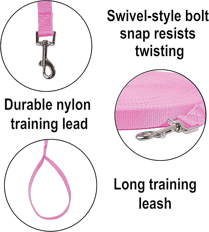 Hi Kiss Dog/Puppy Obedience Recall Training Agility Lead - 15ft 20ft 30ft 50ft 100ft Training Leash - Great for Training, Play, Camping, or Backyard - Pink 15ft