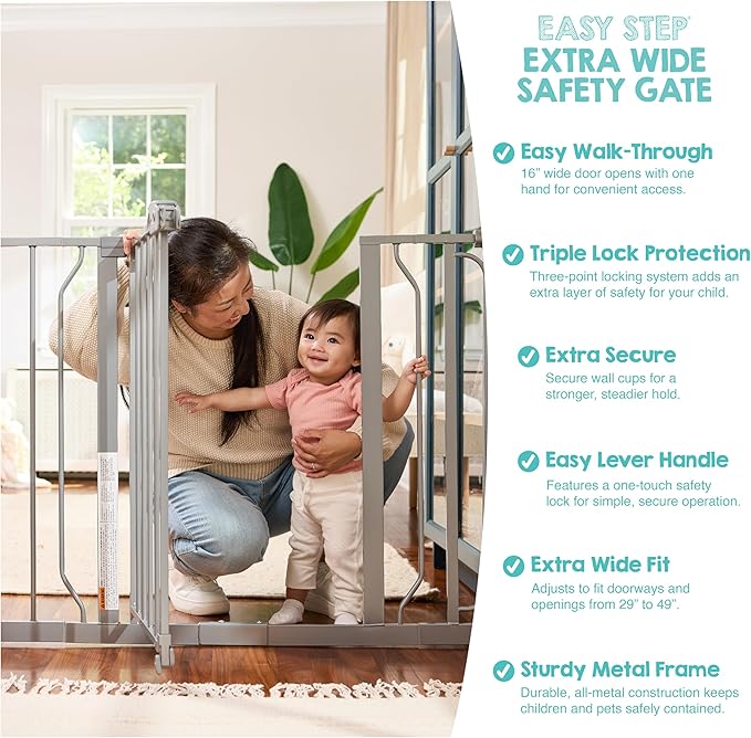 Regalo Safety 29-49" Easy Step Extra Wide Baby Gate for Doorways & Bottom of Stairs, Pressure Mounted Safety Gate with Door for Babies, Toddlers & Pets, Platinum