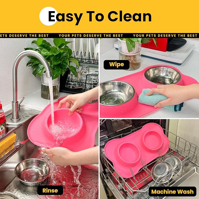 Conlun Dog Bowls with Silicone Feeding Mat,No Spill Food Water Dish Set,Dishwasher Safe,2 Stainless Steel Puppy Bowls with Dogs Bandanas,Suitable for Tiny Pets Under 8lbs,Extra Small,Pink